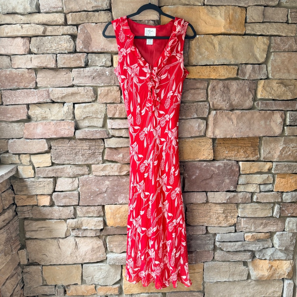 VTG Vision Apparel Women 10 Maxi Dress Red Floral Silk Ruffle Double Tie Whimsy